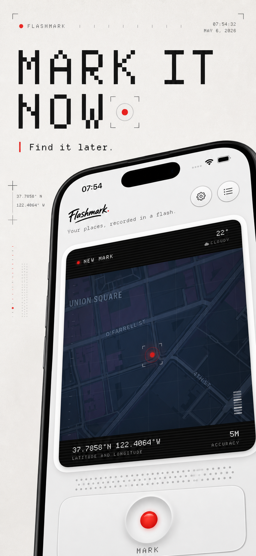 Hero: tap MARK to save current location